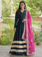 Glorious Teal Green Rayon Mehendi Wear Gown With Leheriya Printed Dupatta