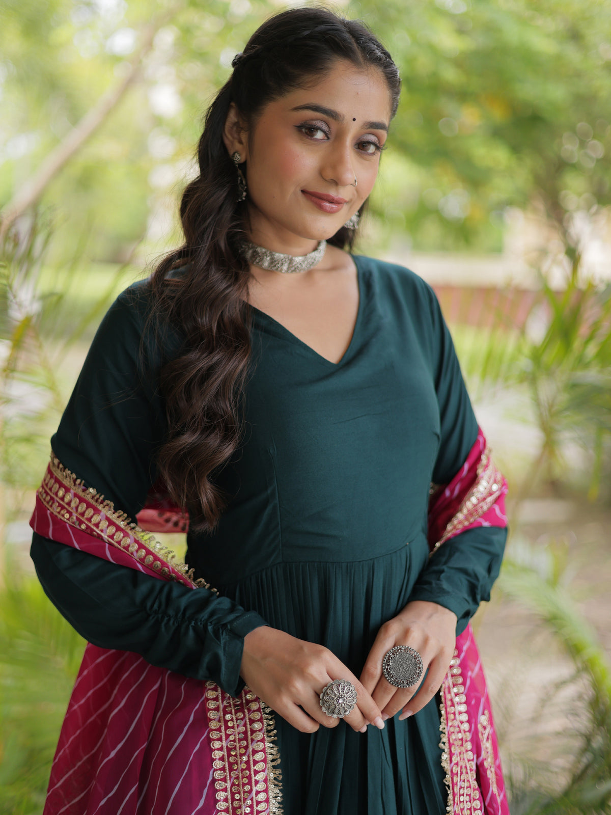 Glorious Teal Green Rayon Mehendi Wear Gown With Leheriya Printed Dupatta