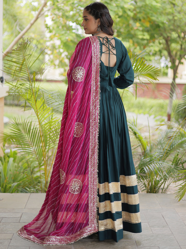 Glorious Teal Green Rayon Mehendi Wear Gown With Leheriya Printed Dupatta