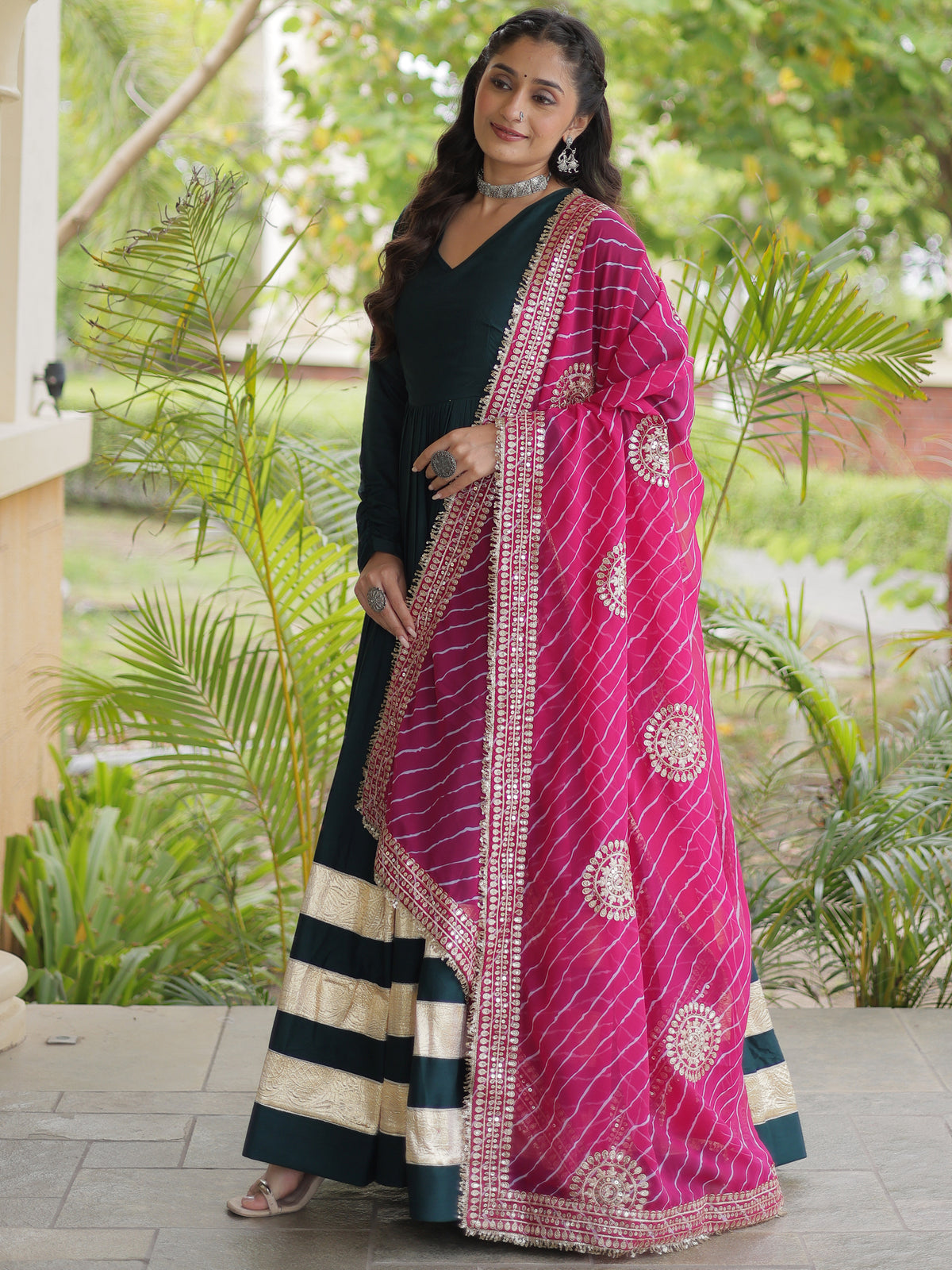 Glorious Teal Green Rayon Mehendi Wear Gown With Leheriya Printed Dupatta