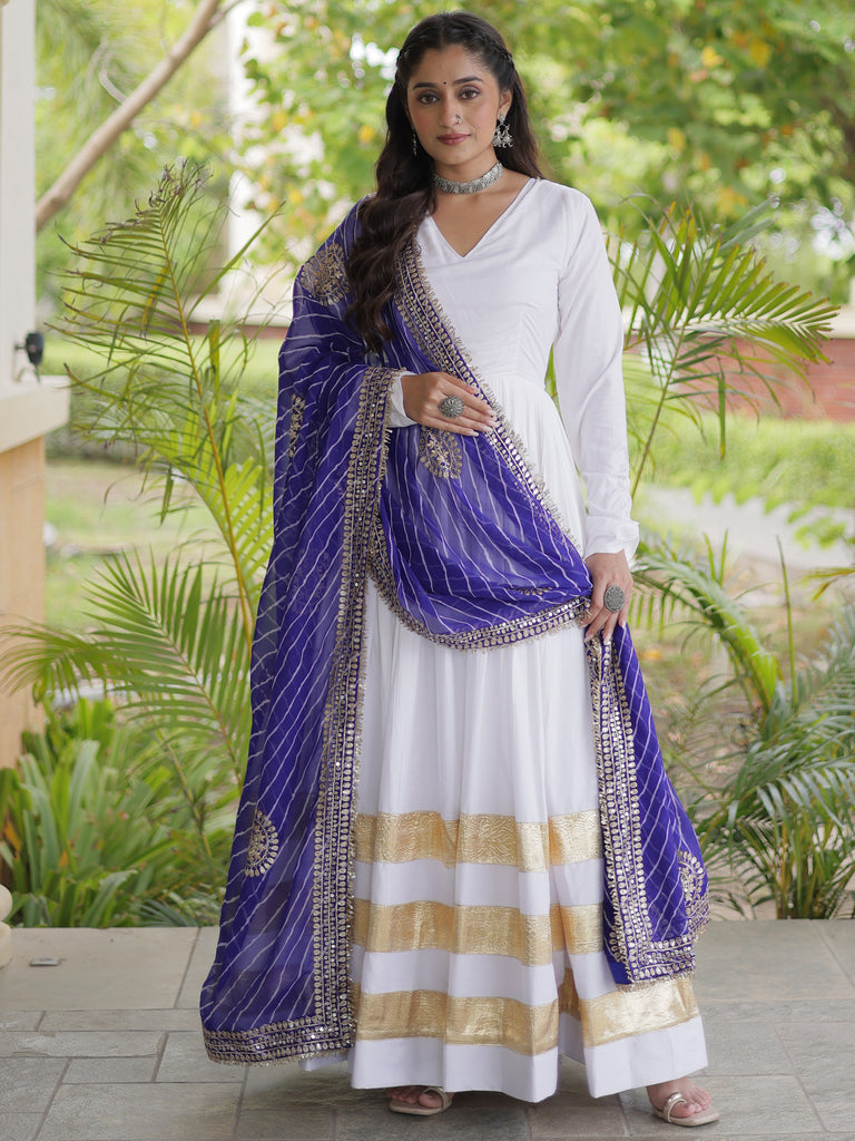 Fantabulous White Gota Laced Rayon Navratri Special Gown With Dupatta