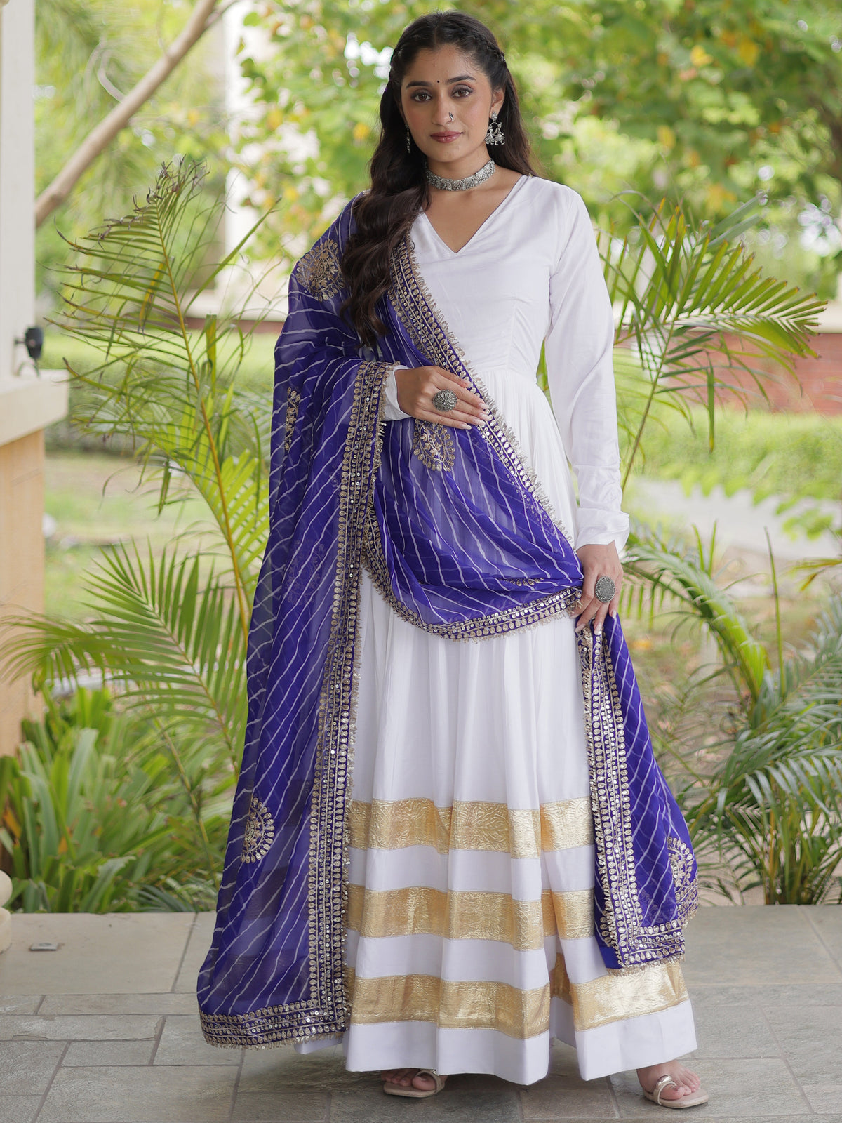 Fantabulous White Gota Laced Rayon Navratri Special Gown With Dupatta