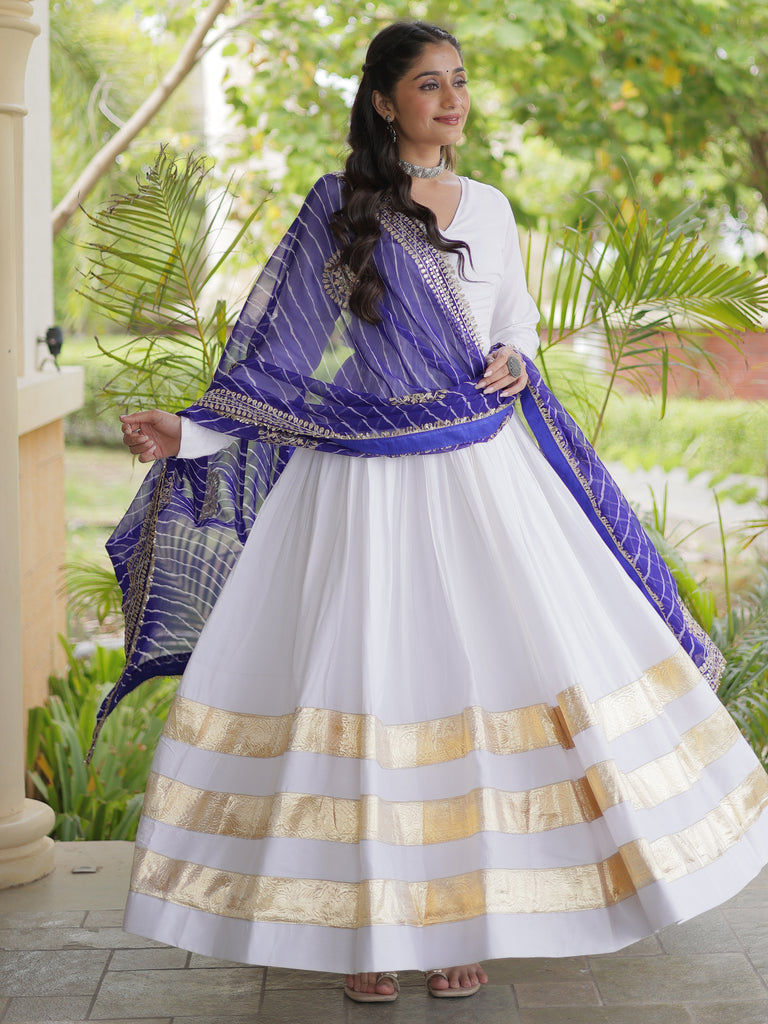 Fantabulous White Gota Laced Rayon Navratri Special Gown With Dupatta