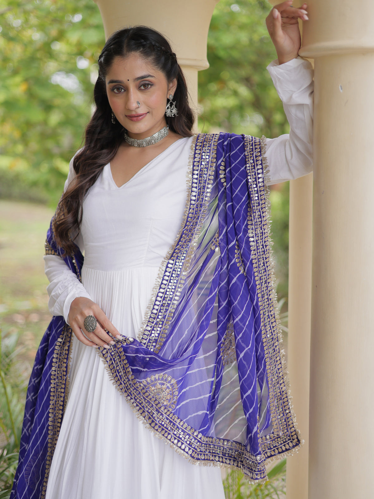 Fantabulous White Gota Laced Rayon Navratri Special Gown With Dupatta