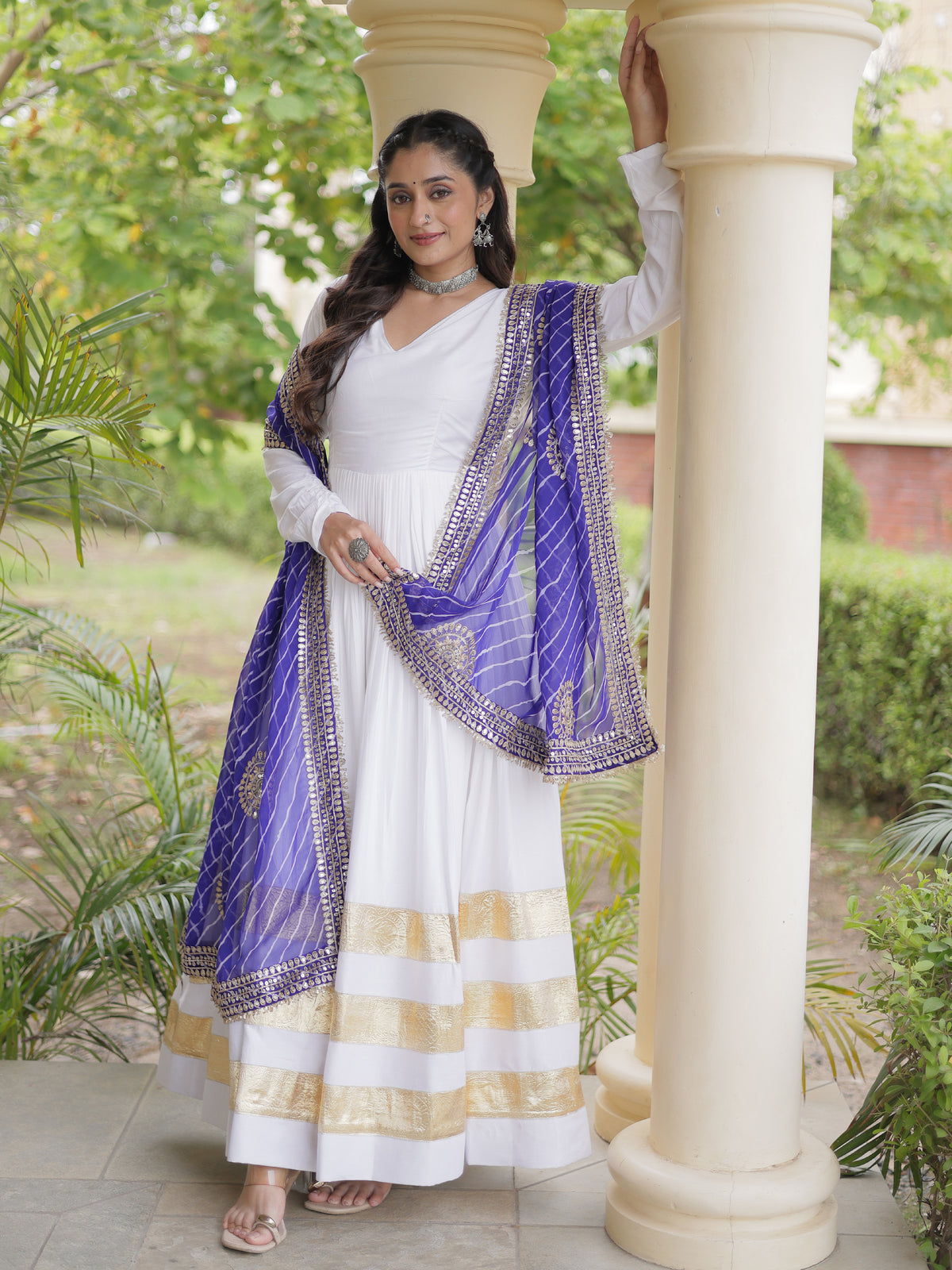 Fantabulous White Gota Laced Rayon Navratri Special Gown With Dupatta