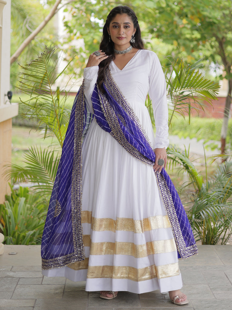Fantabulous White Gota Laced Rayon Navratri Special Gown With Dupatta