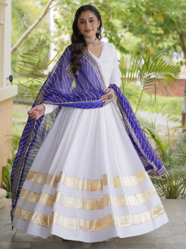 Fantabulous White Gota Laced Rayon Navratri Special Gown With Dupatta