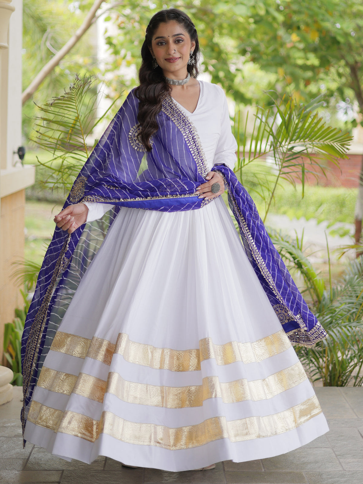 Fantabulous White Gota Laced Rayon Navratri Special Gown With Dupatta
