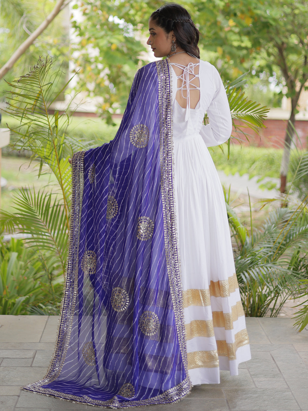 Fantabulous White Gota Laced Rayon Navratri Special Gown With Dupatta