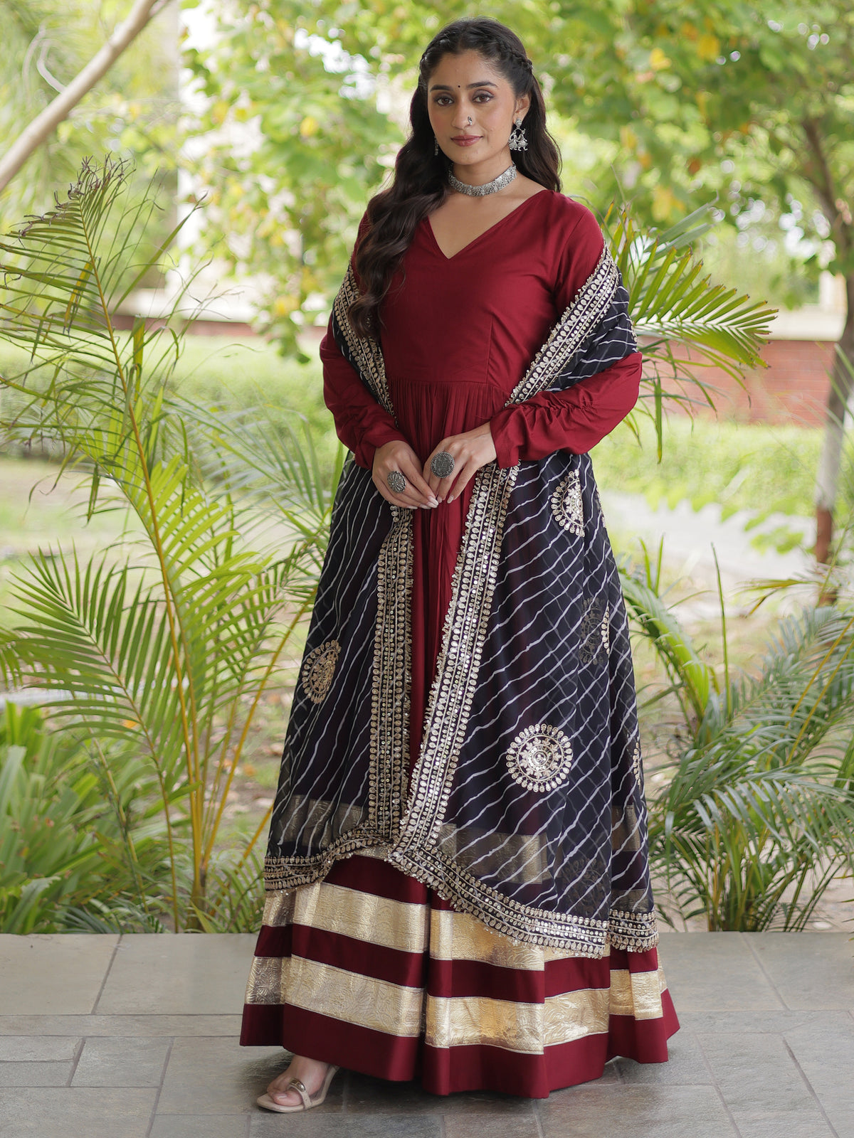 Notable Maroon Rayon Wedding Wear Gown With Leheriya Printed Dupatta