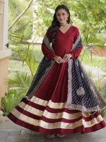 Notable Maroon Rayon Wedding Wear Gown With Leheriya Printed Dupatta