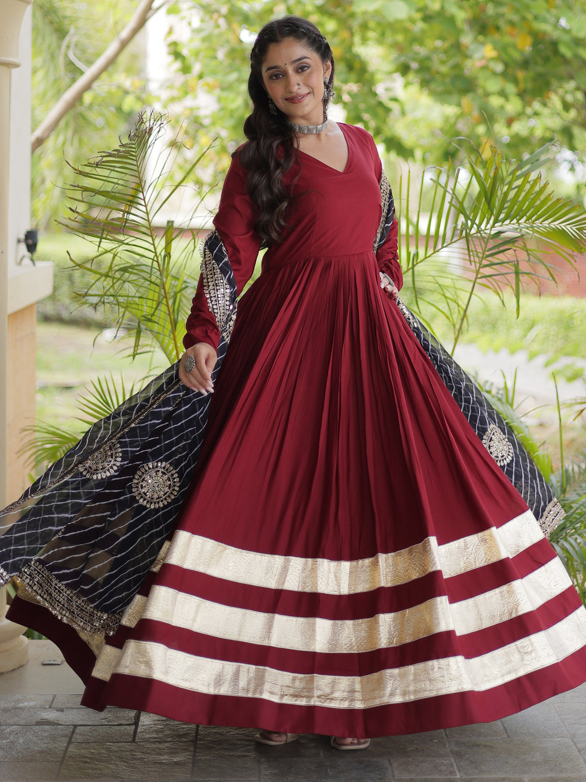 Notable Maroon Rayon Wedding Wear Gown With Leheriya Printed Dupatta