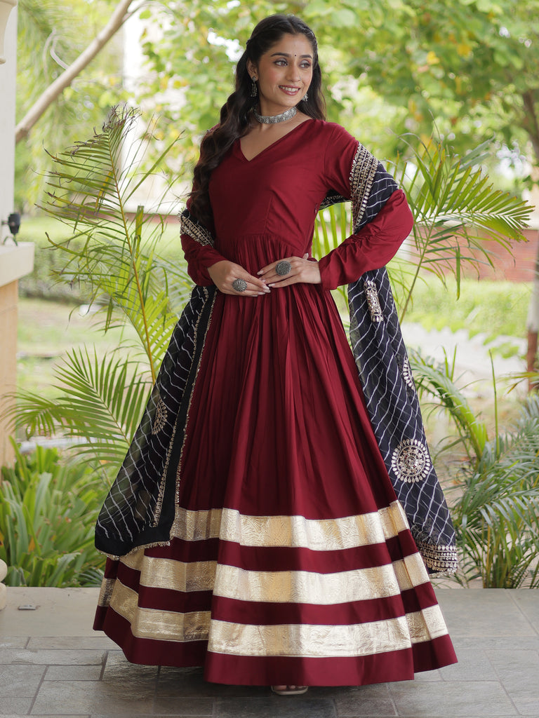 Notable Maroon Rayon Wedding Wear Gown With Leheriya Printed Dupatta