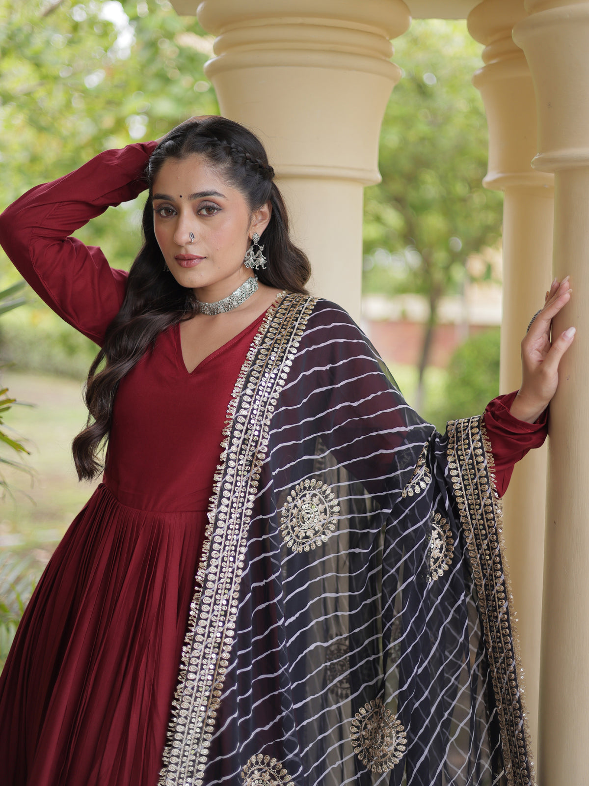 Notable Maroon Rayon Wedding Wear Gown With Leheriya Printed Dupatta