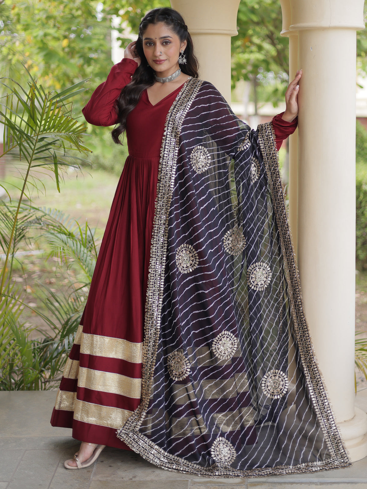 Notable Maroon Rayon Wedding Wear Gown With Leheriya Printed Dupatta