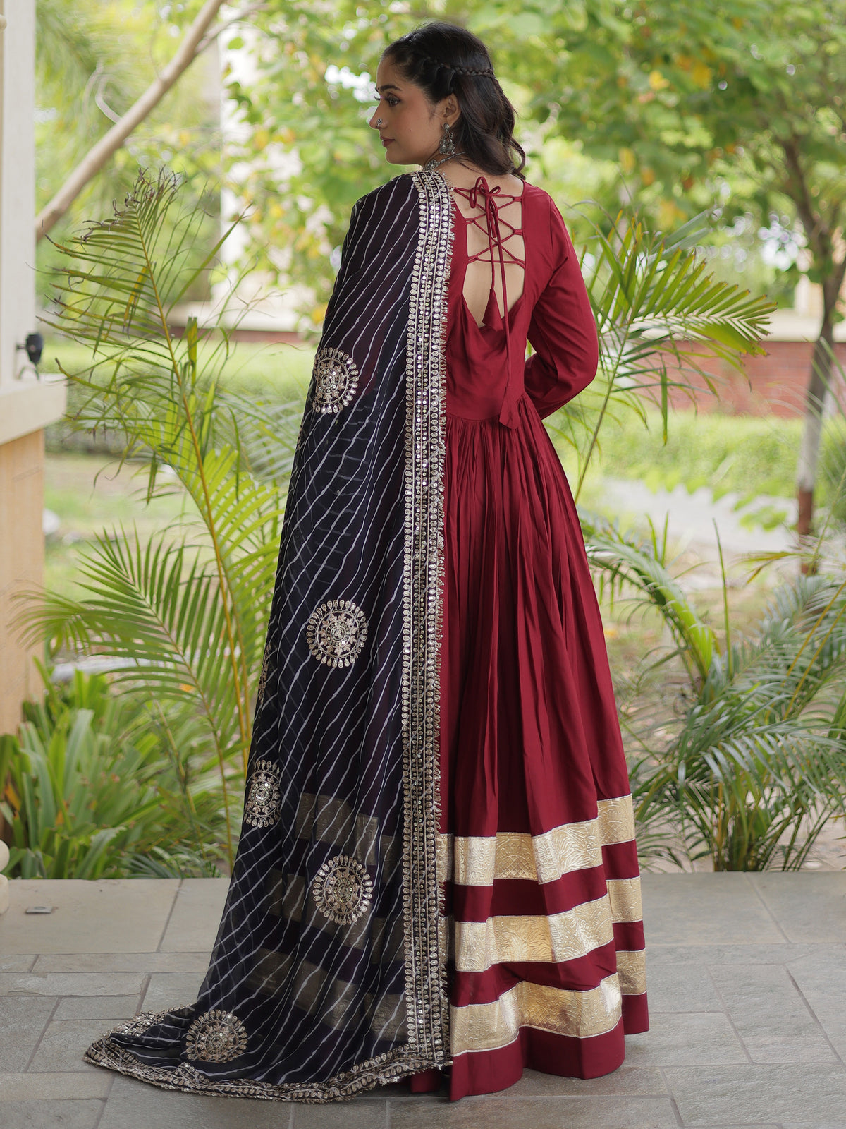 Notable Maroon Rayon Wedding Wear Gown With Leheriya Printed Dupatta