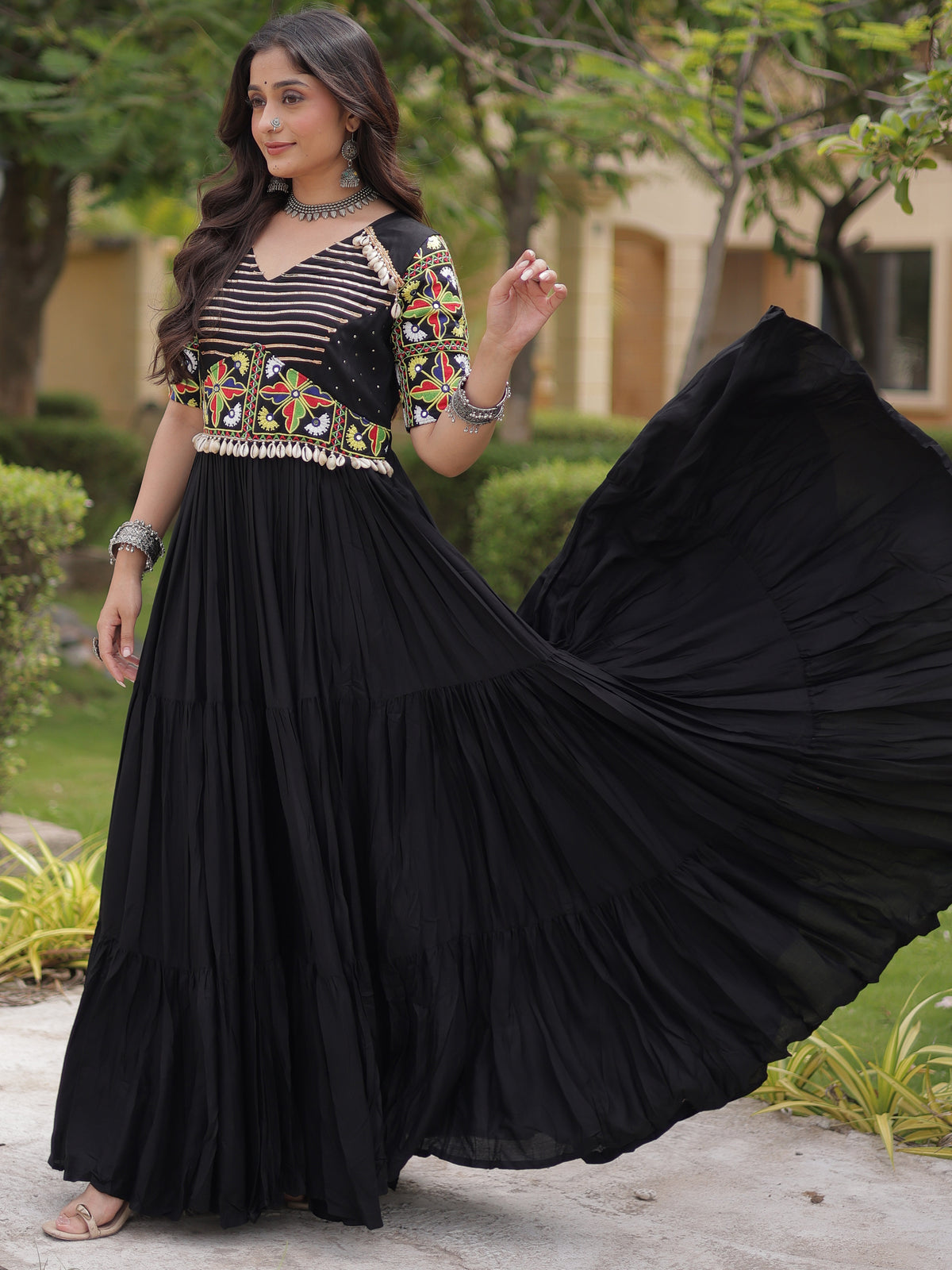 Striking Black Gamthi Embroidery Rayon Navratri Special Gown