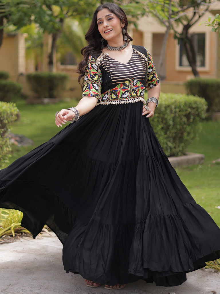 Striking Black Gamthi Embroidery Rayon Navratri Special Gown