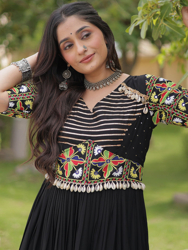 Striking Black Gamthi Embroidery Rayon Navratri Special Gown