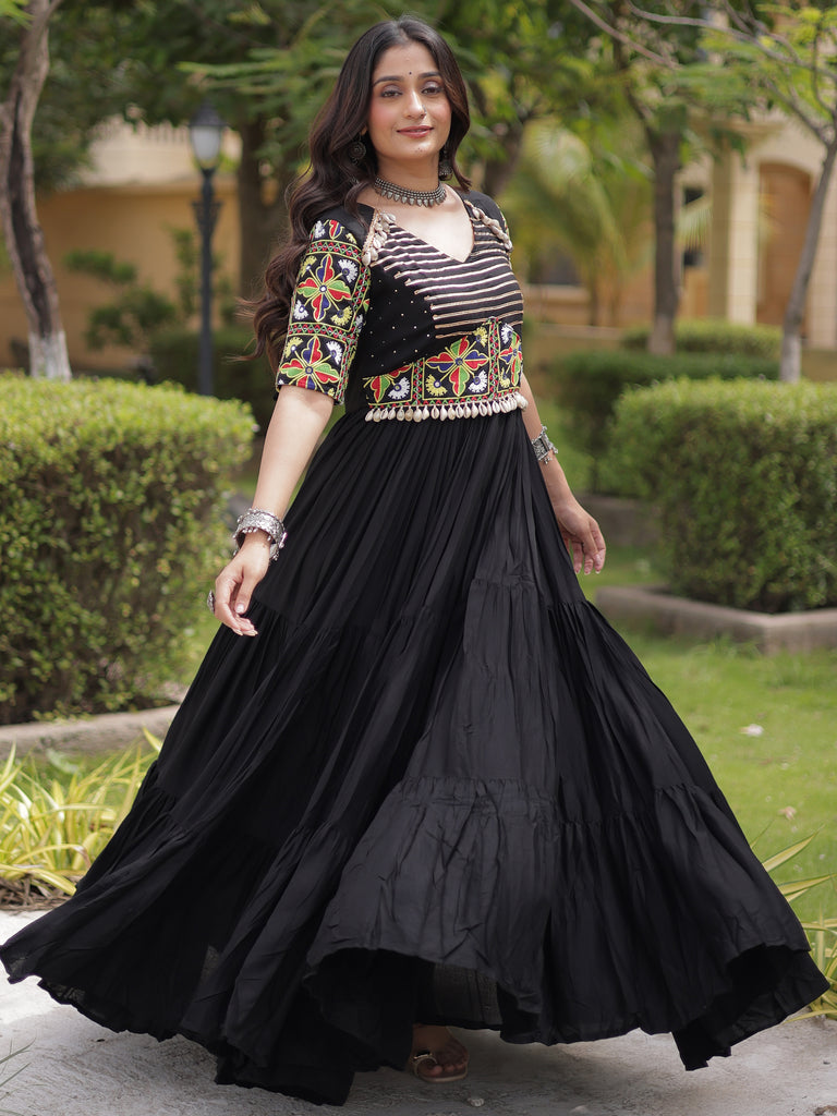 Striking Black Gamthi Embroidery Rayon Navratri Special Gown