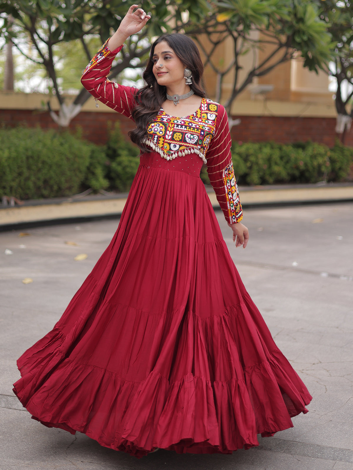 Phenomenal Maroon Rayon Gota Laced Navratri Special Gown