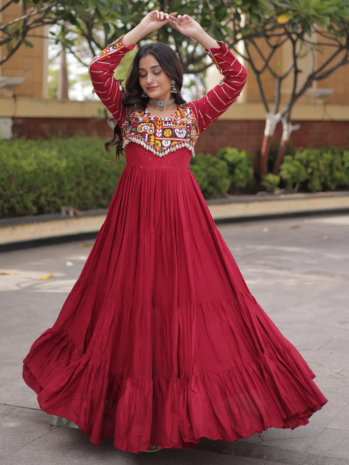 Phenomenal Maroon Rayon Gota Laced Navratri Special Gown