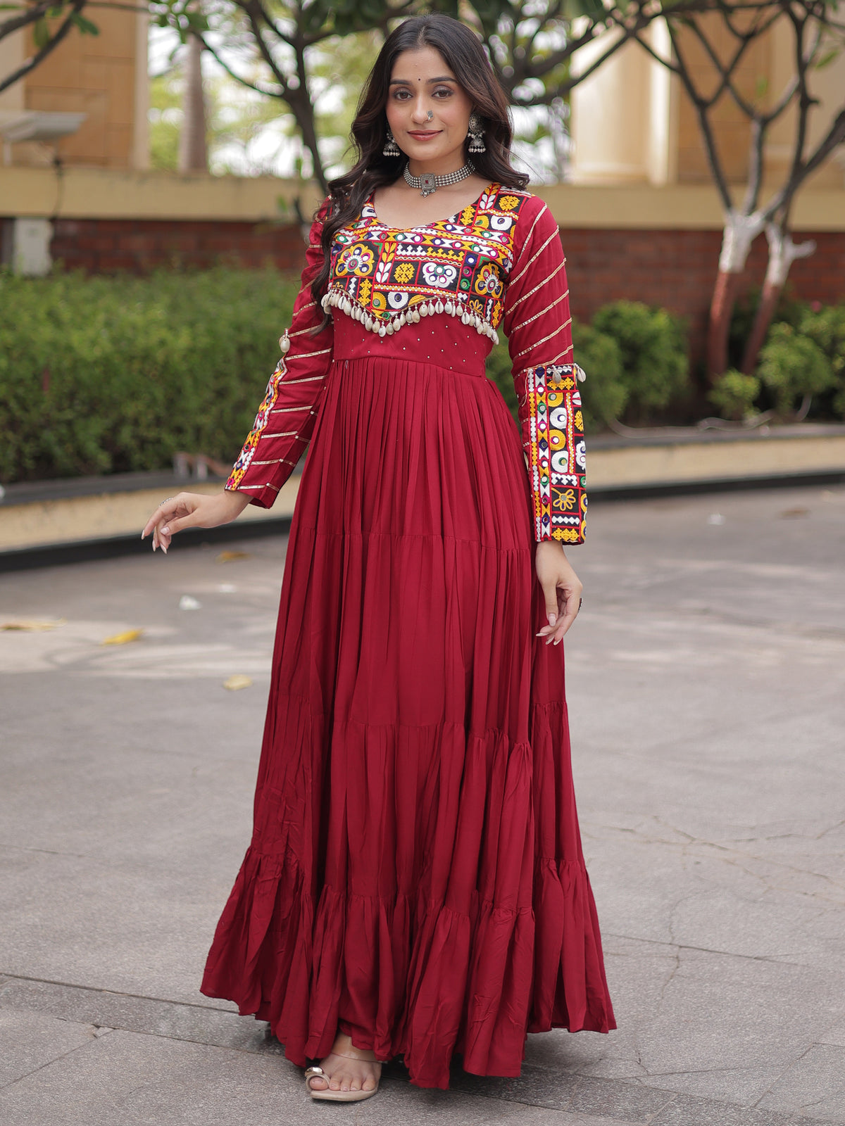 Phenomenal Maroon Rayon Gota Laced Navratri Special Gown