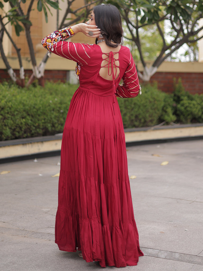 Phenomenal Maroon Rayon Gota Laced Navratri Special Gown