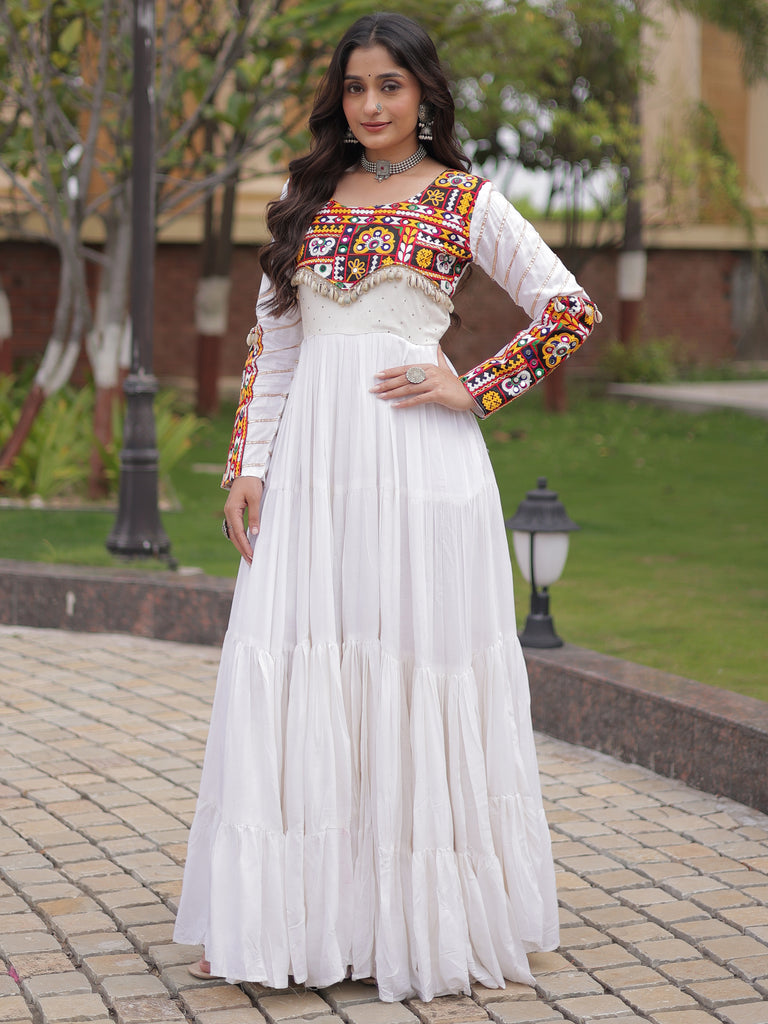 Gorgeous White Rayon Gamthi Embroidered Navratri Wear Gown