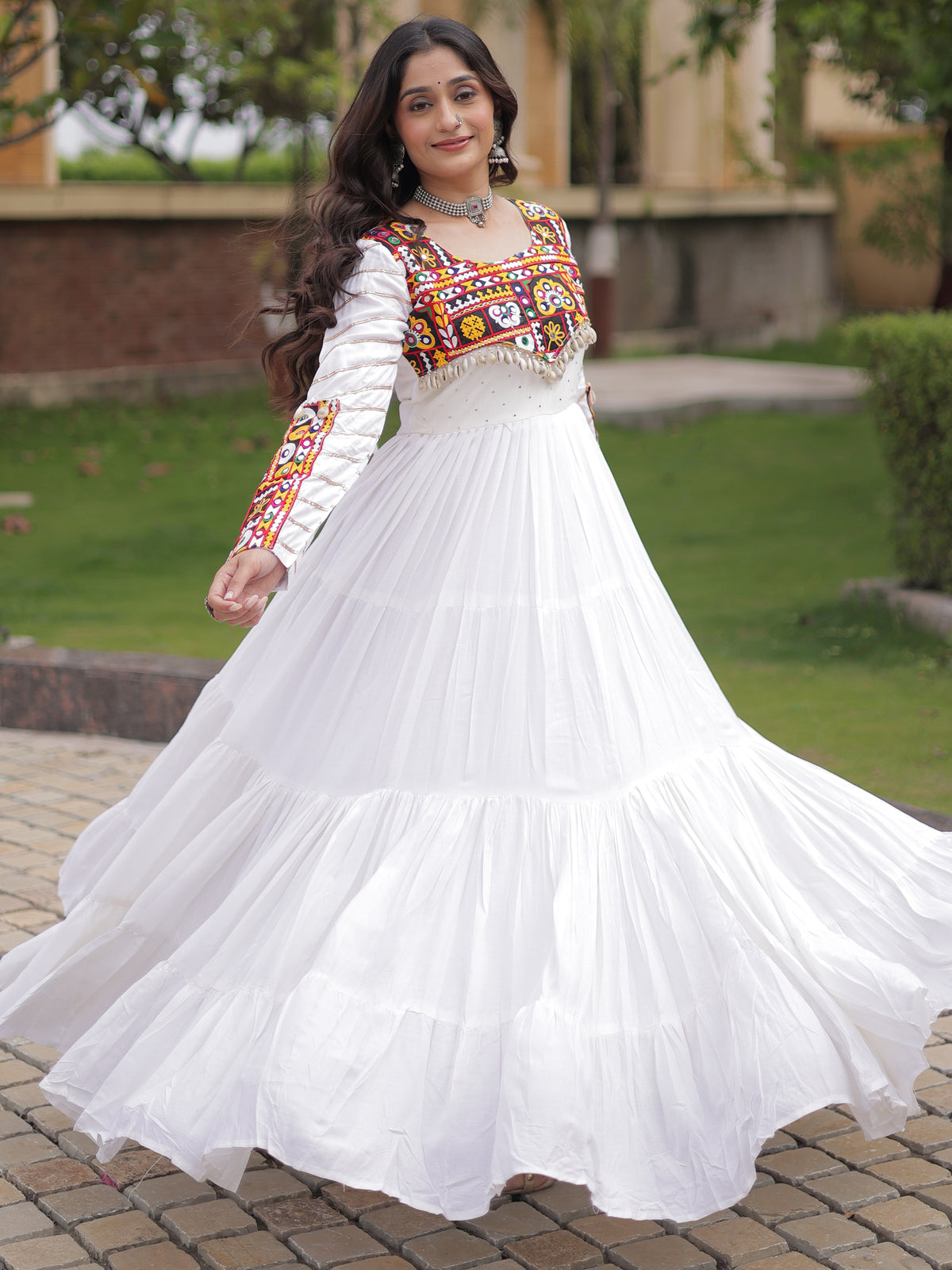 Gorgeous White Rayon Gamthi Embroidered Navratri Wear Gown