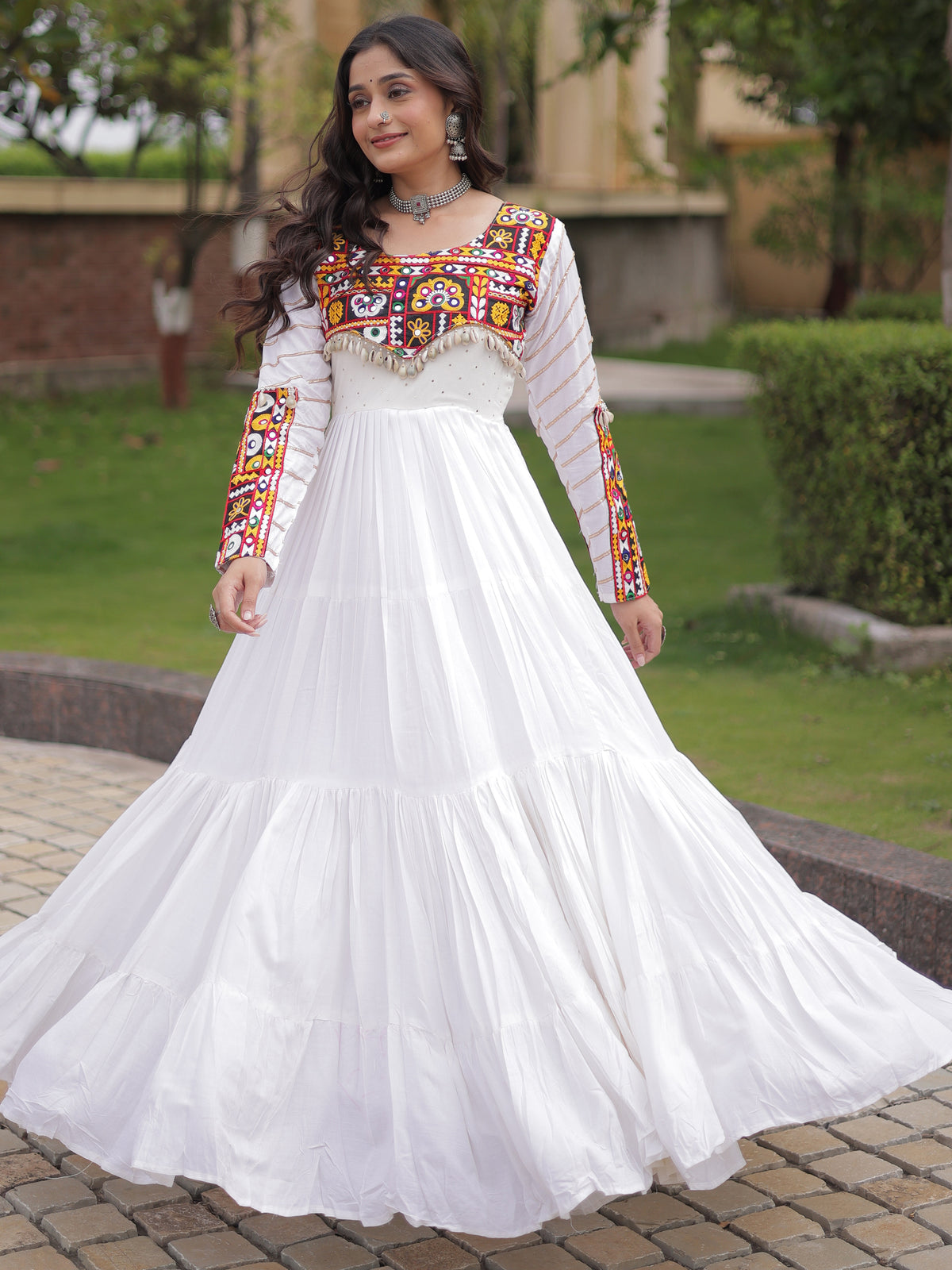 Gorgeous White Rayon Gamthi Embroidered Navratri Wear Gown