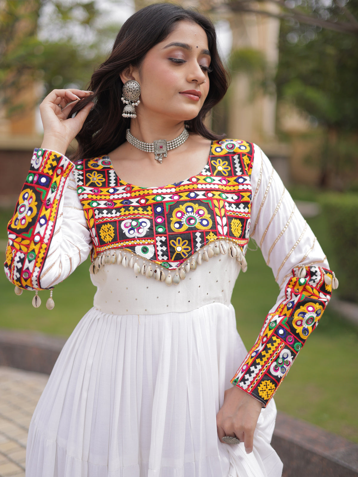 Gorgeous White Rayon Gamthi Embroidered Navratri Wear Gown