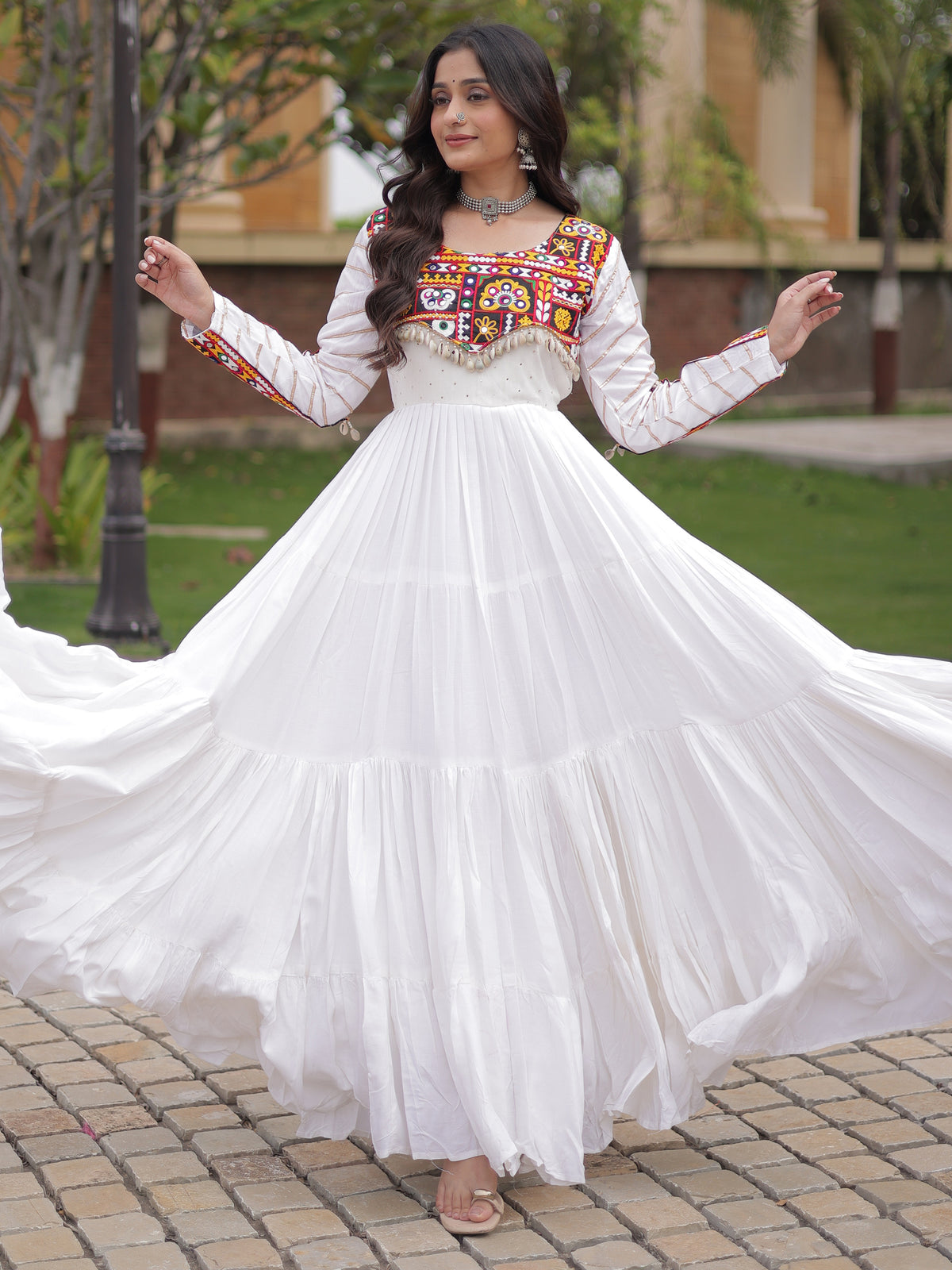 Gorgeous White Rayon Gamthi Embroidered Navratri Wear Gown