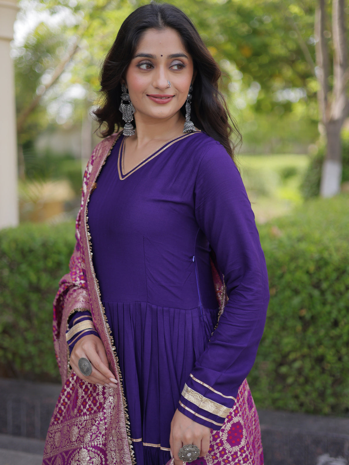 Stylish Purple Rayon Gota Laced Event Wear Gown With Dupatta