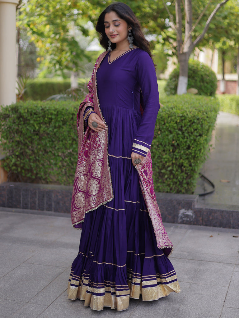 Stylish Purple Rayon Gota Laced Event Wear Gown With Dupatta