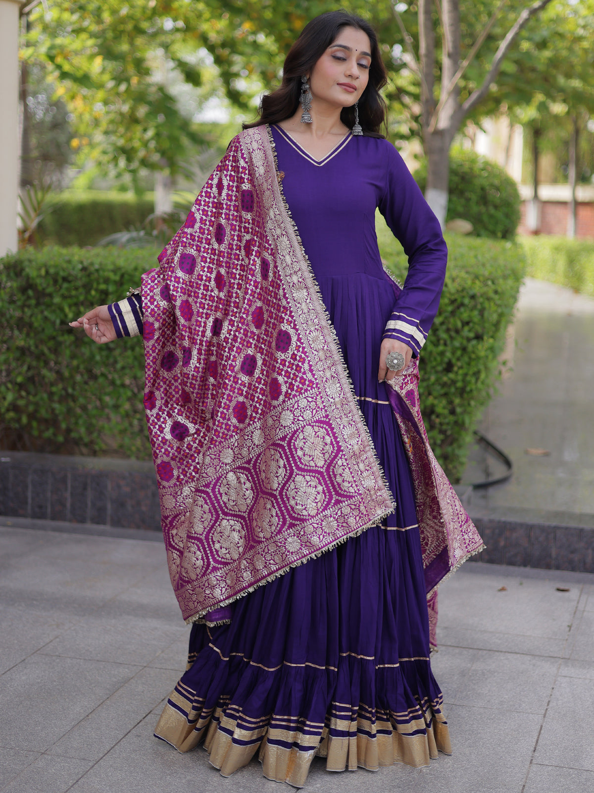 Stylish Purple Rayon Gota Laced Event Wear Gown With Dupatta