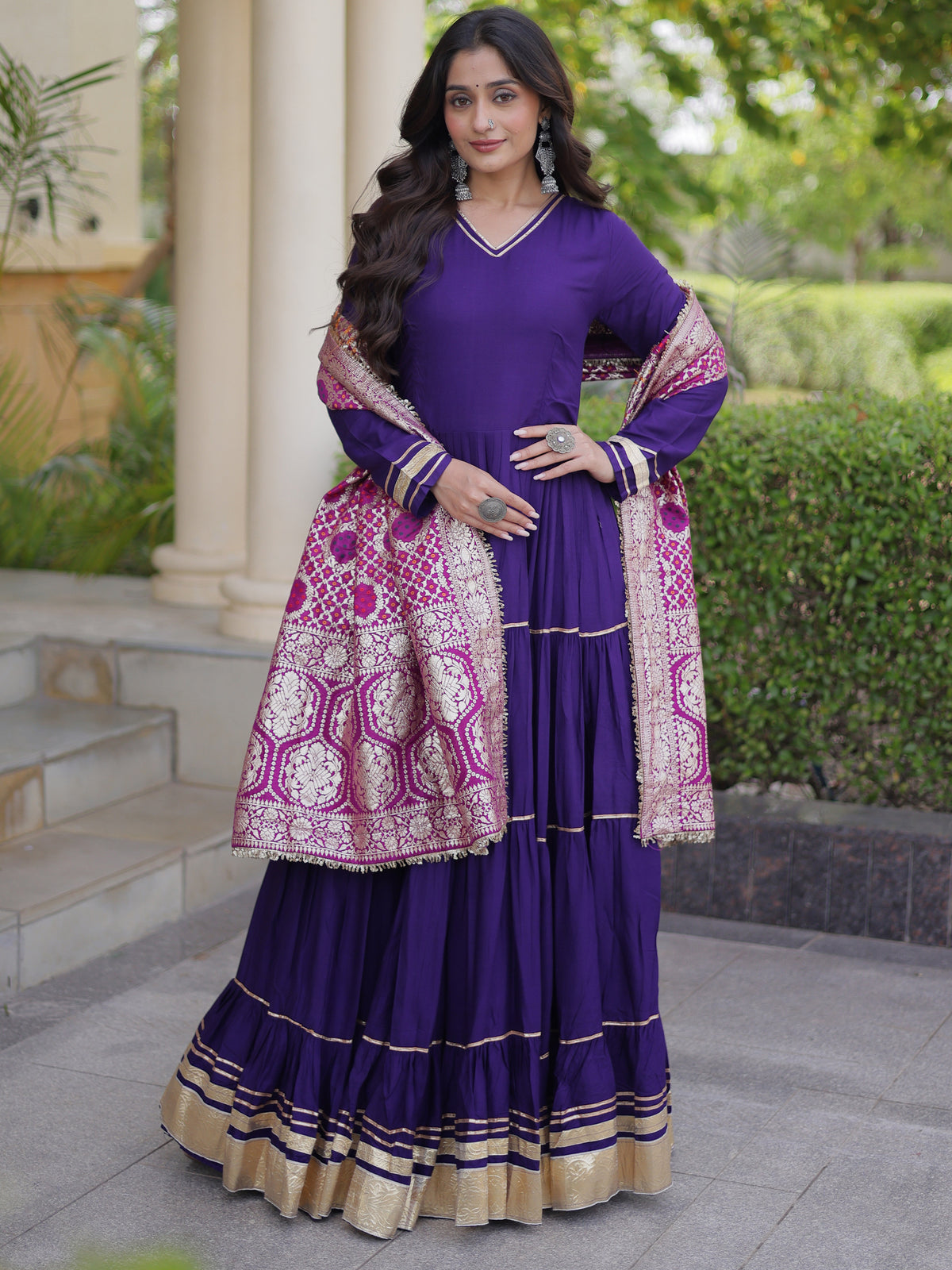 Stylish Purple Rayon Gota Laced Event Wear Gown With Dupatta