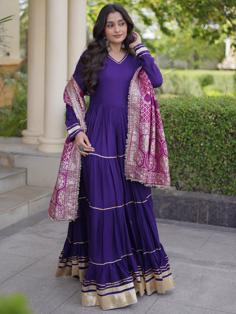 Stylish Purple Rayon Gota Laced Event Wear Gown With Dupatta