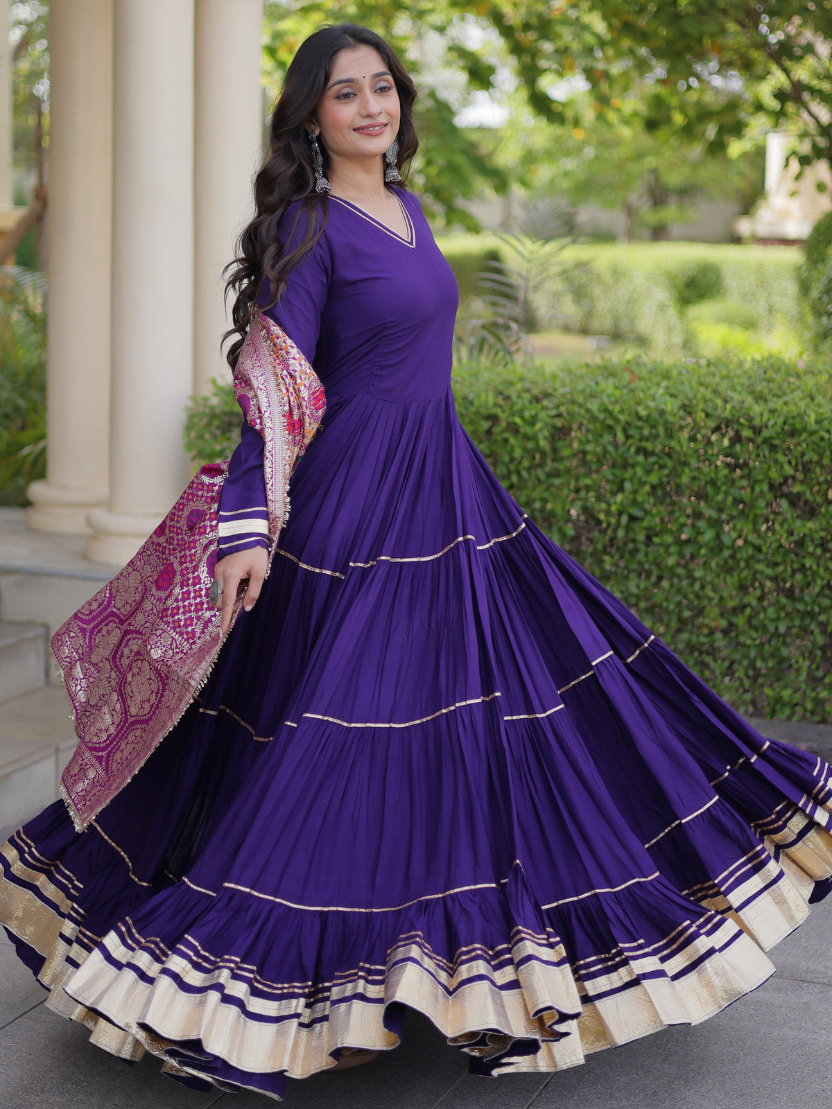 Stylish Purple Rayon Gota Laced Event Wear Gown With Dupatta