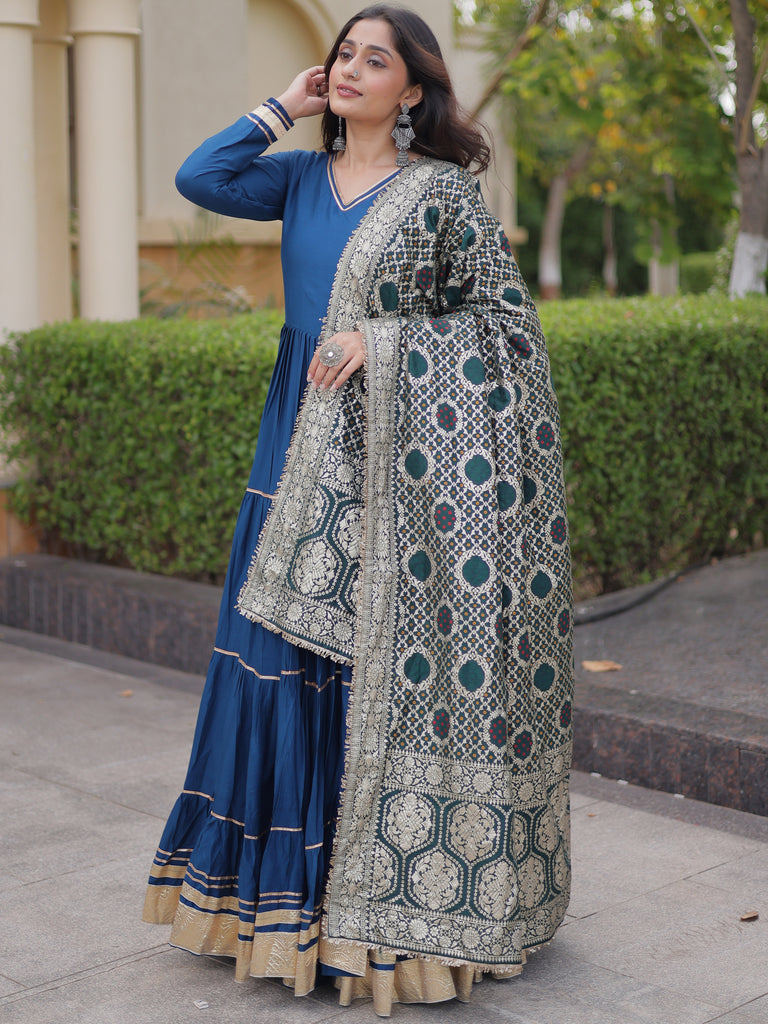 Stylish Teal Blue Rayon Gota Laced Festive Wear Gown With Dupatta