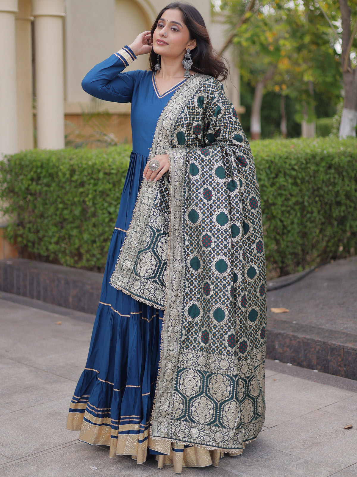 Stylish Teal Blue Rayon Gota Laced Festive Wear Gown With Dupatta