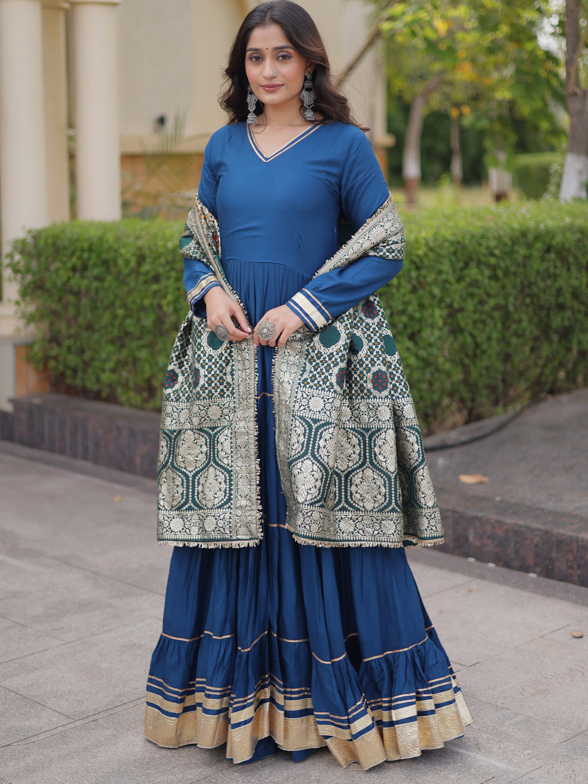 Stylish Teal Blue Rayon Gota Laced Festive Wear Gown With Dupatta