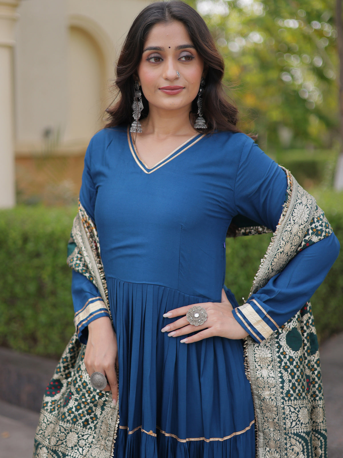 Stylish Teal Blue Rayon Gota Laced Festive Wear Gown With Dupatta
