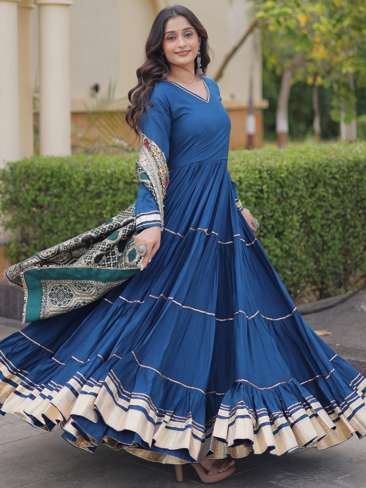 Stylish Teal Blue Rayon Gota Laced Festive Wear Gown With Dupatta
