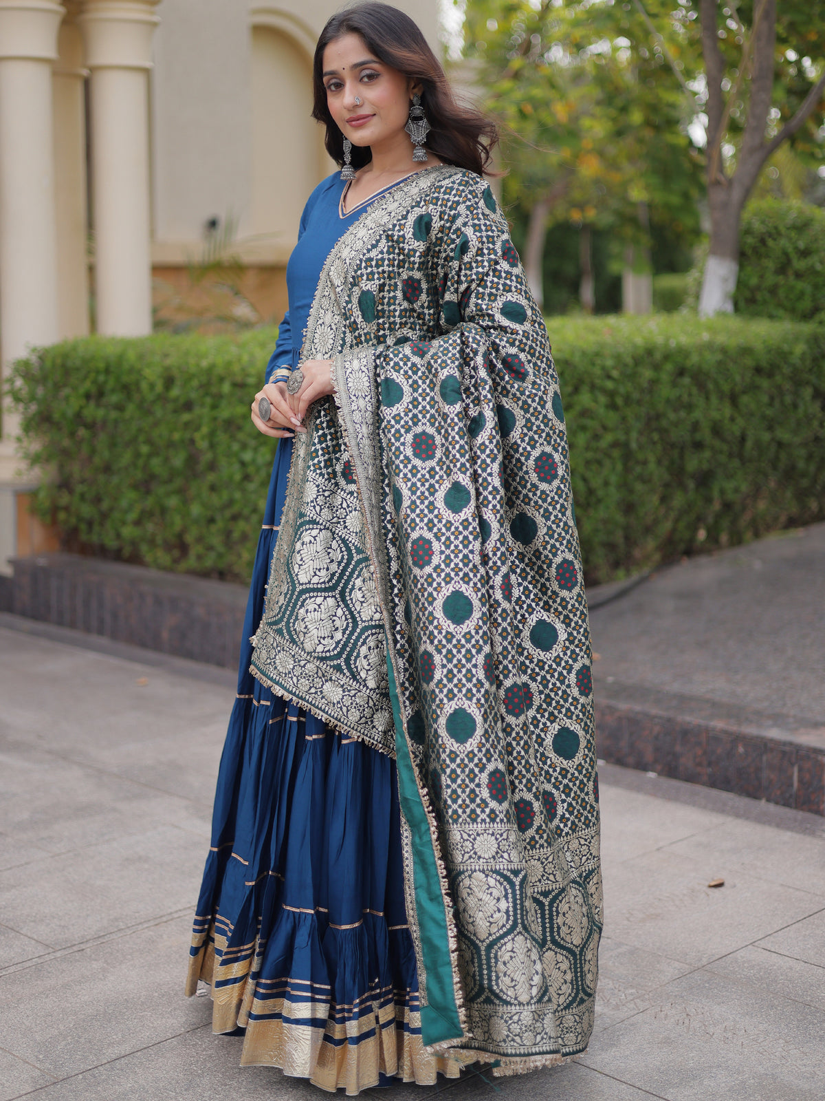 Stylish Teal Blue Rayon Gota Laced Festive Wear Gown With Dupatta