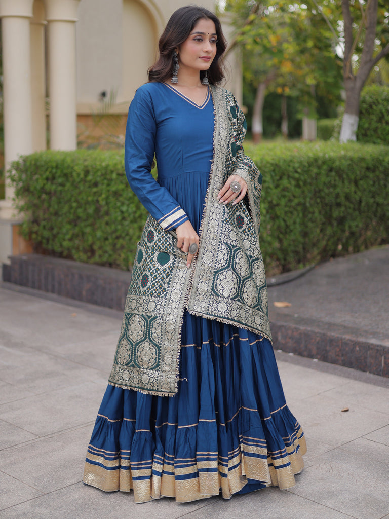 Stylish Teal Blue Rayon Gota Laced Festive Wear Gown With Dupatta