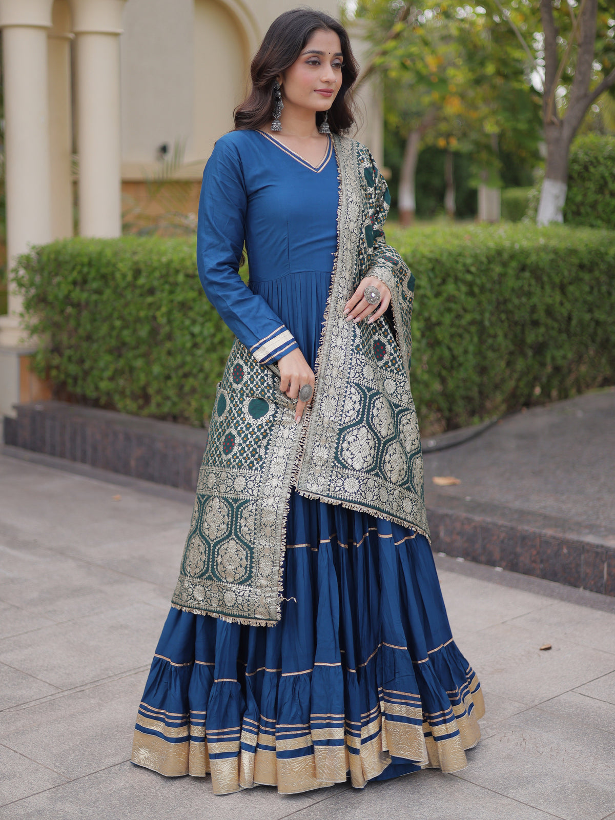 Stylish Teal Blue Rayon Gota Laced Festive Wear Gown With Dupatta