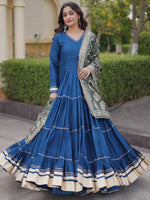 Stylish Rama Rayon Gota Laced Festive Wear Gown With Dupatta