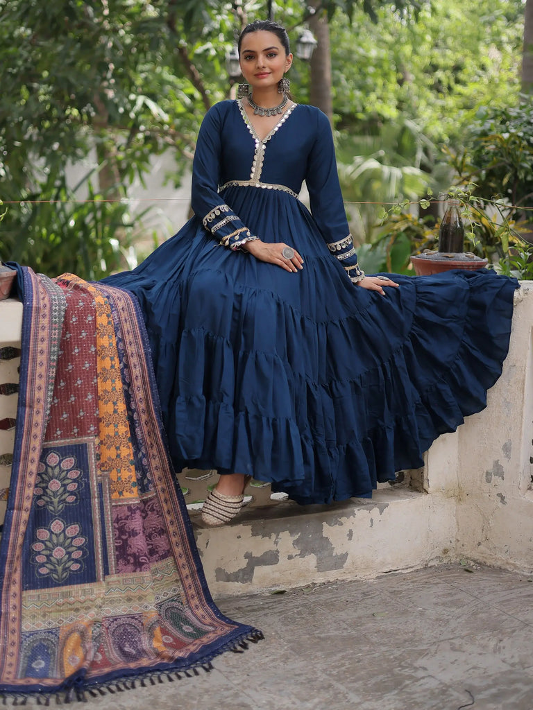 Wonderful Blue Lace Work Rayon Festival Wear Gown With Dupatta