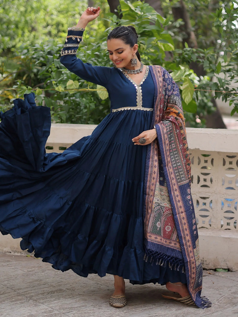 Wonderful Blue Lace Work Rayon Festival Wear Gown With Dupatta